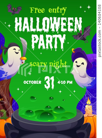 Witch cauldron with green slime potion, Halloween night party flyer. Halloween party banner. Horror celebration vector flyer with ghosts cartoon characters, boiling potion, spiderweb and candle Witch cauldron with green slime potion, Halloween night party flyer. Halloween party banner. Horror celebration vector flyer with ghosts cartoon characters, boiling potion, spiderweb and candle 140684108