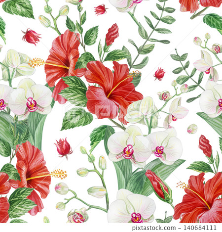 Watercolor seamless pattern with red hibiscus flowers, white orchids, and green leaves on transparent background. 140684111