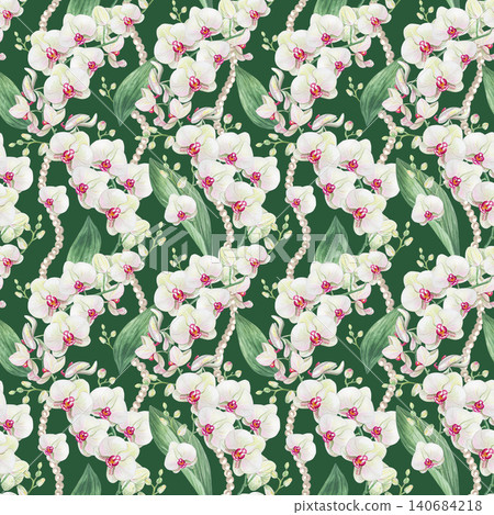 Watercolor seamless pattern with white orchids, pearl garlands, and green leaves on a dark green background Watercolor seamless pattern with white orchids, pearl garlands, and green leaves on a dark green background 140684218