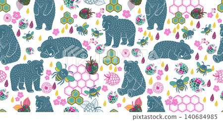 Bear, honey, and raspberries unusual seamless pattern. Hand drawn. Not AI, vector illustration. Bear, honey, and raspberries unusual seamless pattern. Hand drawn. Not AI, vector illustration. 140684985