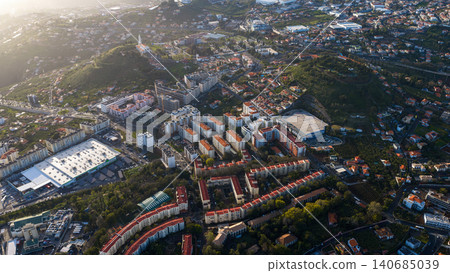 Aerial view of Madeira Island neighborhood with church and retail zones Aerial view of Madeira Island neighborhood with church and retail zones 140685039