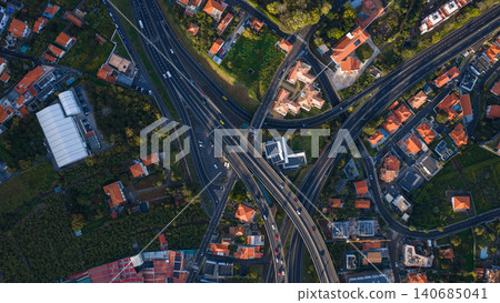 Aerial highway interchange in Funchal, Madeira with solar rooftop Aerial highway interchange in Funchal, Madeira with solar rooftop 140685041