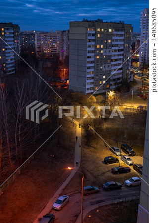 Evening Minsk district with Soviet era blocks and lit windows Evening Minsk district with Soviet era blocks and lit windows 140685095