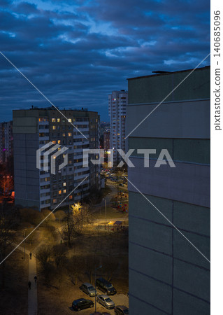 Dusk over Minsk microdistrict with Soviet panel blocks and lights Dusk over Minsk microdistrict with Soviet panel blocks and lights 140685096