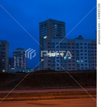 Minsk nighttime apartment towers with stepped and crowned rooftops Minsk nighttime apartment towers with stepped and crowned rooftops 140685106