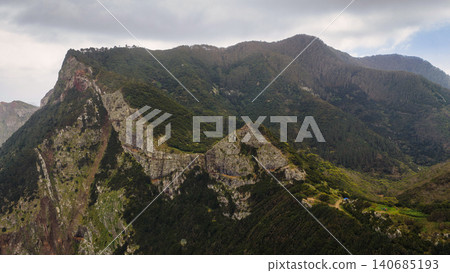 Aerial view of Pico do Areeiro to Pico Ruivo ridge on Madeira 140685193