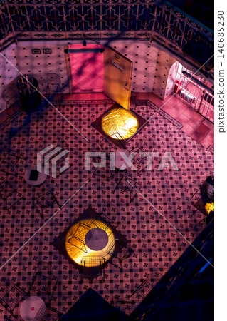 Aerial courtyard at Lukiskes Prison with magenta and amber lights Aerial courtyard at Lukiskes Prison with magenta and amber lights 140685230