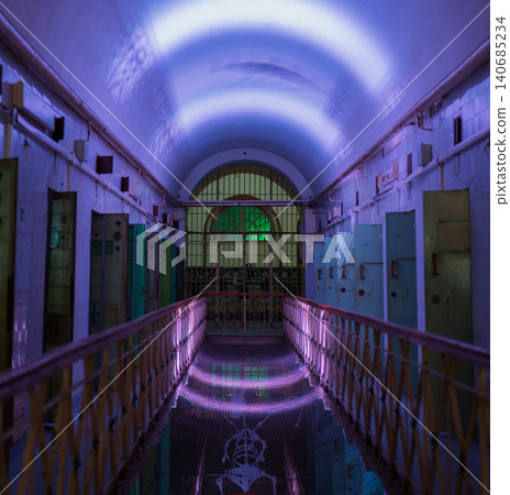 Lukiskes Prison corridor in Vilnius with violet and green lights 140685234