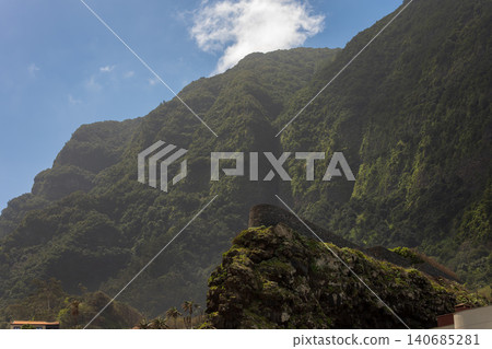 Madeira north coast cliffs with laurel forest and lookout terrace Madeira north coast cliffs with laurel forest and lookout terrace 140685281