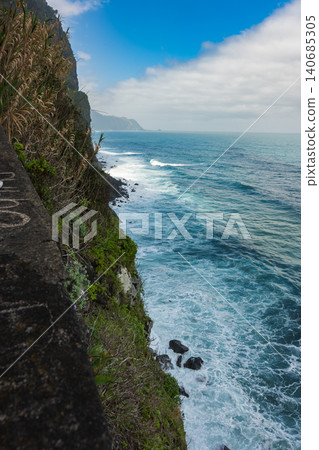 Madeira north coast near Sao Vicente and Seixal cliff and Atlantic surf 140685305