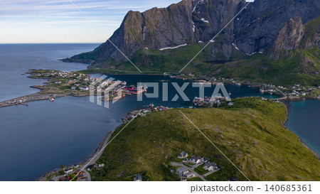 Lofoten Islands Aerial Panorama with Dramatic Peaks and Coastal Village Lofoten Islands Aerial Panorama with Dramatic Peaks and Coastal Village 140685361