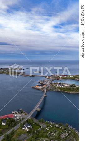 Lofoten Islands Panorama with Bridge and Coastal Village Norway 140685380