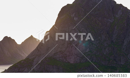 Dramatic Rocky Peaks at Lofoten Islands Norway Coastal Panorama Dramatic Rocky Peaks at Lofoten Islands Norway Coastal Panorama 140685383