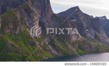 Dramatic Lofoten Islands Mountain Cliffs and Fjord Panorama Norway 140685385