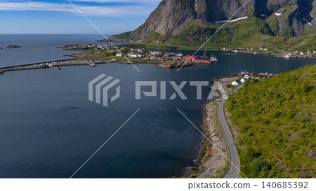 Lofoten Islands Panorama with Red Ship and Dramatic Mountain Cliffs 140685392