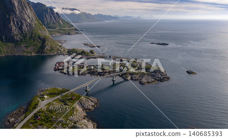 Lofoten Islands Panorama with Bridge to Coastal Village Norway Lofoten Islands Panorama with Bridge to Coastal Village Norway 140685393