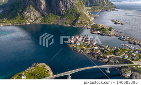 Lofoten Islands Aerial View with Village Bridge Norway Lofoten Islands Aerial View with Village Bridge Norway 140685396