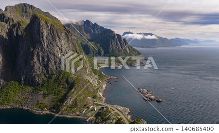 Dramatic Lofoten Islands Coastal Panorama with Steep Mountain Cliffs 140685400