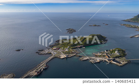 Aerial View of Lofoten Islands Fishing Village and Harbor Norway 140685411