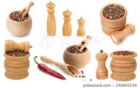 et of Wood Mortar Bowls and Grinders for Spices and Seasoning 140685539