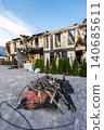 Bila Tserkva, Kyiv region, Ukraine - 09.06.2025: Modern hotel building completely ruined by fire explosion with charred facade empty shattered windows red barricade tape and pile of burnt debris 140685611