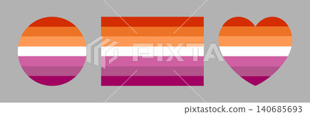 Lesbian Pride flag with seven stripes banner, button, badge in heart, circle, rectangle shape. Set of Lesbian flag heart shaped, rectangular, round icon, background, sticker. Lesbian Pride flag with seven stripes banner, button, badge in heart, circle, rectangle shape. Set of Lesbian flag heart shaped, rectangular, round icon, background, sticker. 140685693