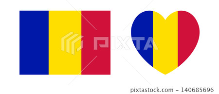 Andorra civil flag and ensign sticker, background. Flag of Andorra heart, rectangle badge, button. Andorra flag rectangular, heart banner, icon set. 140685696