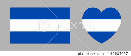 El Salvador heart, rectangular civil flag. Flag of Salvador rectangle, heart sticker, badge, icon, map pin, background set. Salvadoran flag button. 140685697