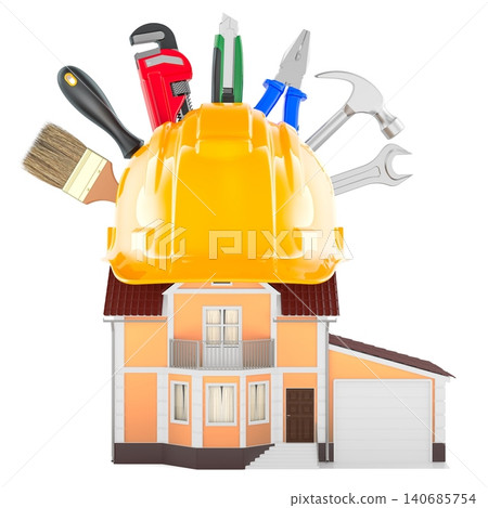 House with hard hat and tools, home renovation concept. 3D rendering House with hard hat and tools, home renovation concept. 3D rendering 140685754