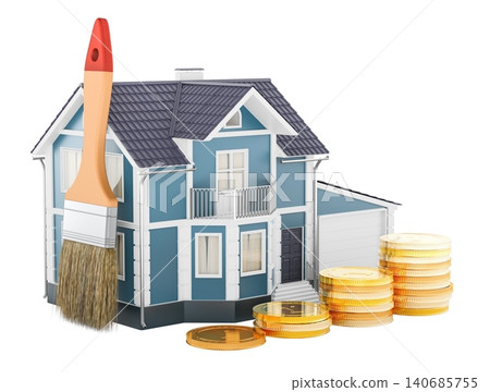 House with paint brush and gold coins, renovation budget concept. 3D rendering 140685755