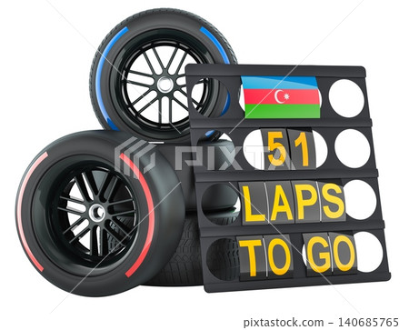 Azerbaijani racing, pit board with flag of Azerbaijan and racing wheels. 3D rendering Azerbaijani racing, pit board with flag of Azerbaijan and racing wheels. 3D rendering 140685765