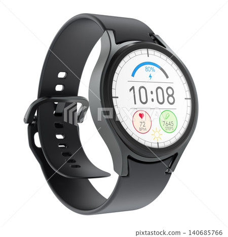 Black smartwatch displaying battery level, time, heart rate and step count, wearable fitness and health monitoring device, 3d rendering Black smartwatch displaying battery level, time, heart rate and step count, wearable fitness and health monitoring device, 3d rendering 140685766