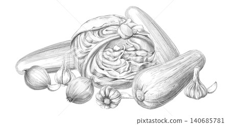 Cabbage, zucchini, onions, and garlic. This isolated pencil illustration is perfect for restaurant menus, product labels, cookbooks, healthy lifestyle articles, and healthy eating themed articles. 140685781