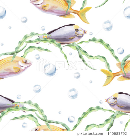 A seamless pattern with fish in wave-shaped seaweed. Perfect for children's products, summer cards, beach decor, websites, textiles, packaging, and interior design. 140685792