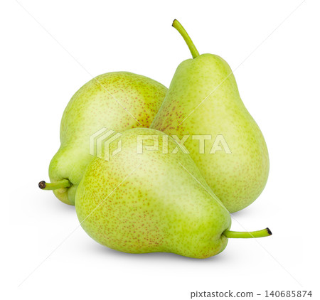 Isolated three green pears. Juicy ripe pear fruits isolated with clipping path Isolated three green pears. Juicy ripe pear fruits isolated with clipping path 140685874