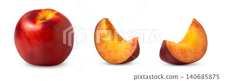 Red nectarine peach and cut in a slice isolated set. Nectarine isol, clipping path. Red nectarine peach and cut in a slice isolated set. Nectarine isol, clipping path. 140685875