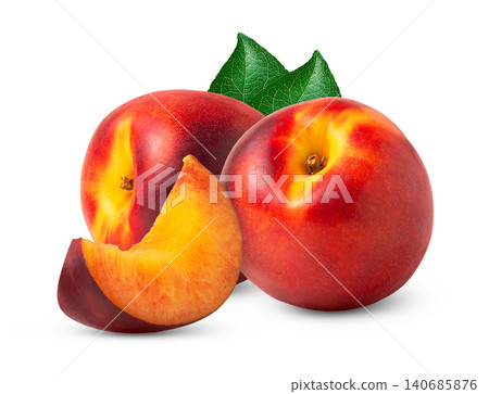 Red nectarine peaches isolated. Nectarine peach and cut in a slice with green leaves. 140685876