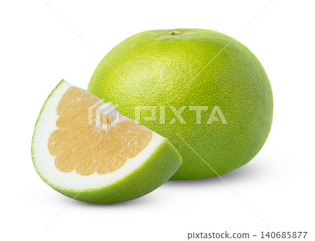Whole grapefruit citrus sweetie or pomelo, pomellit or oroblanco fruit and cut in a slice of sweetie grapefruit isolated on white background. 140685877