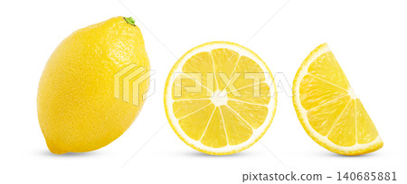 lemons collection isolated. Whole lemon, half of lemon fruit, cut in a slice isolated on white background. lemons collection isolated. Whole lemon, half of lemon fruit, cut in a slice isolated on white background. 140685881