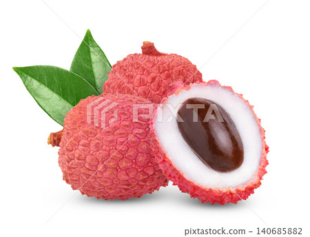 Isolate lychee and half of lychee with green leaves. Two lychees fruits and cut in half of lychee isolated Isolate lychee and half of lychee with green leaves. Two lychees fruits and cut in half of lychee isolated 140685882