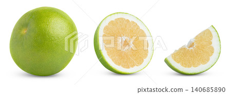 Sweetie grapefruit, pomelo, pomelit or oroblanco citrus fruit with cut in half and slice isolated set. Green fresh sweetie citrus with slices of grapefruit sweetie, clipping path. Sweetie grapefruit, pomelo, pomelit or oroblanco citrus fruit with cut in half and slice isolated set. Green fresh sweetie citrus with slices of grapefruit sweetie, clipping path. 140685890