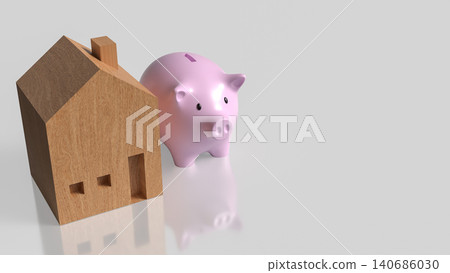 Piggy Bank And Wooden House For Home Saving Goals 3d render. Piggy Bank And Wooden House For Home Saving Goals 3d render. 140686030