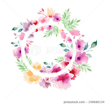 Greenery and red flowers, Round banner, watercolor tiny floral elements . flower wreath Hand drawn. Not AI, vector illustration. Greenery and red flowers, Round banner, watercolor tiny floral elements . flower wreath Hand drawn. Not AI, vector illustration. 140686134