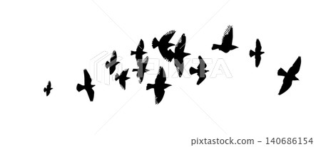 Flying birds silhouette flock. hand drawing. Not AI. Vector illustration 140686154