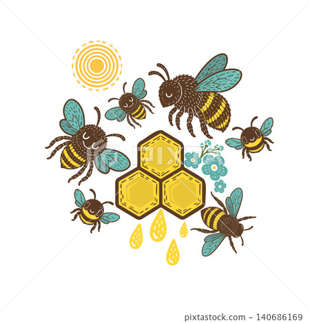 Abstract cute bees, honeycombs and the sun. Hand drawn. Not AI, vector illustration. Abstract cute bees, honeycombs and the sun. Hand drawn. Not AI, vector illustration. 140686169