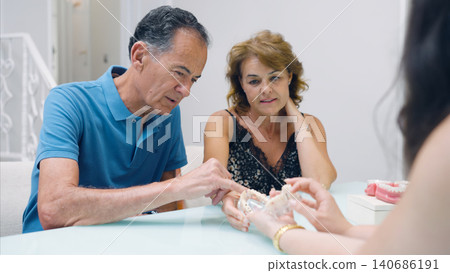 Couple consulting dentist regarding dental prosthesis options 140686191