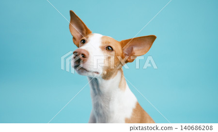 Podenco dog looking up with big ears on blue background Podenco dog looking up with big ears on blue background 140686208