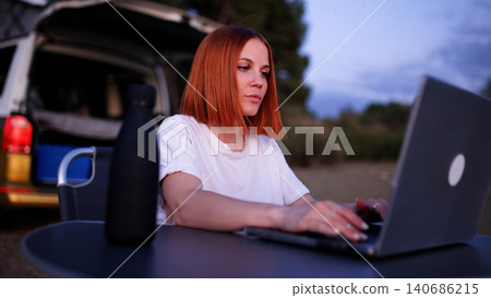 Woman freelancer working remotely outdoors from camper van at sunset Woman freelancer working remotely outdoors from camper van at sunset 140686215