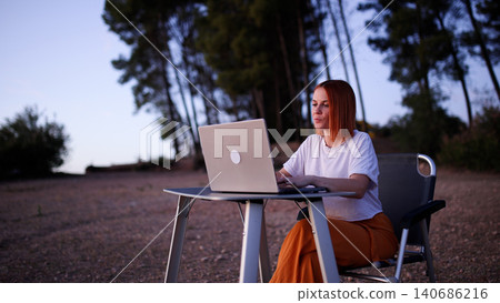 Woman working remotely with laptop in nature setting Woman working remotely with laptop in nature setting 140686216