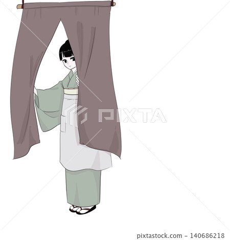 A woman in a kimono guides customers from behind a curtain; a Japanese-style cafe image. A woman in a kimono guides customers from behind a curtain; a Japanese-style cafe image. 140686218